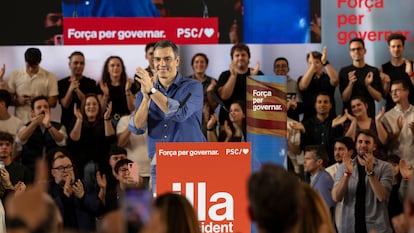 Pedro Sánchez, durante su intervención en un acto de campaña este jueves en Sant Boi de Llobregat. 