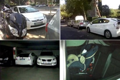 Las primeras tres imágenes (en el sentido de las agujas del reloj) muestran un Toyota Prius que debía ser usado para inspecciones aparcado fuera de horario junto a las viviendas y el aparcamiento de funcionarios municipales. La cuarta, otro coche de la contrata, con una silla para niños. Los fotogramas forman parte de grabaciones incluidas en la denuncia investigada d¡por el Ayuntamiento.