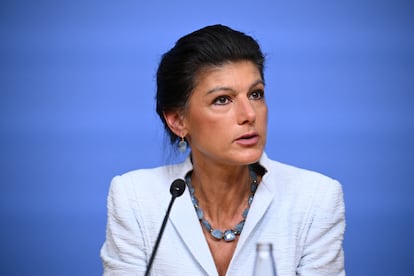 Sahra Wagenknecht, top candidate of Germany's BSW party, attends a press conference after EU election results in Berlin.