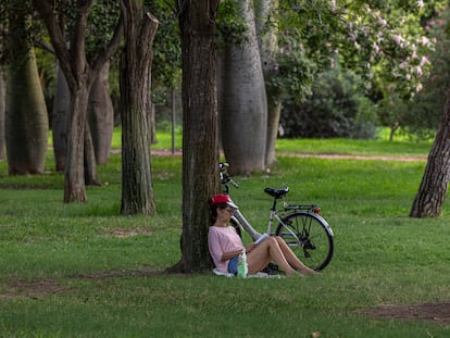 Una mujer lee un libro en un parque de Valencia.