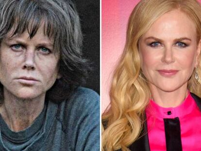 Nicole Kidman se mete en la piel de la detective(con pistola incluida) Erin Bell en 'Destroyer', (a la izquierda) dirigida por Karyn Kusman y que estrena estos días en Londres (en un pase de la cinta, a la derecha). Para quienes han podido verla ya, hace uno de los papeles más interesantes de su carrera, y de los más distintos. El pelo, la ropa y una piel más oscura y cuarteada de lo habitual en la pálida estrella australiana son sus cartas de presentación. En España se espera que llegue a finales de 2018 o principios de 2019.