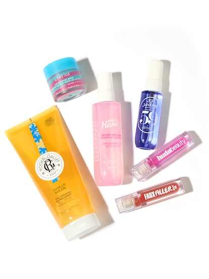 Con olor a golosinas: mascarilla labial de LANEIGE, gel de ducha de ROGER & GALLET, brumas perfumadas de MERCY HANDY y SOL DE JANEIRO y labial Faux Filler de HUDA BEAUTY.