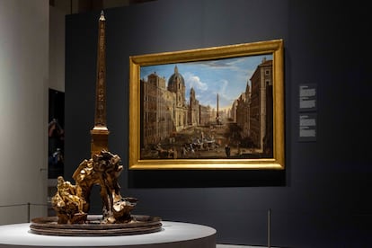 La 'Fuente de los cuatro ríos', con la figura del río Ganges a la izquierda, en la sala de los Austrias de la Galería de las Colecciones Reales, este jueves, en Madrid.