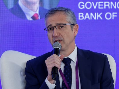 El gobernador del Banco de España, Pablo Hernández de Cos, habla durante la Conferencia de Alto Nivel HKMA-BIS en Hong Kong, China, el 28 de noviembre de 2023