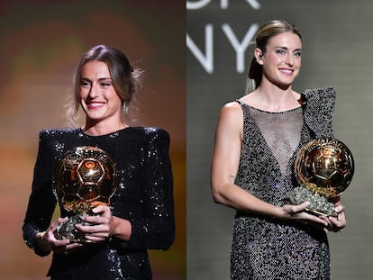 Alexia Putellas recogiendo el Balón de Oro en 2021 con vestido de Claro Couture y, en 2022, de Jesús Peiró.