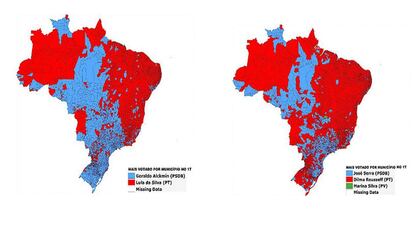 Mapa das eleições por município em 2006 (à esq.) e em 2010 (à dir.)