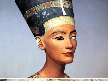 La supuesta momia de Nefertiti y el célebre busto de la reina que se exhibe en Berlín.