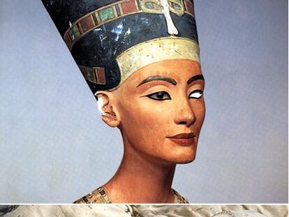 La supuesta momia de Nefertiti y el célebre busto de la reina que se exhibe en Berlín.