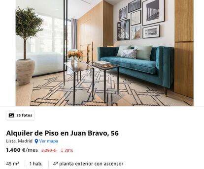 Uno de los inmuebles de Madrid que ha bajado el precio durante el estado de alarma. "A partir del 1 de septiembre el precio pasa de nuevo a ser de 2.250 al mes", indicaba este anuncio disponible este martes en Idealista.