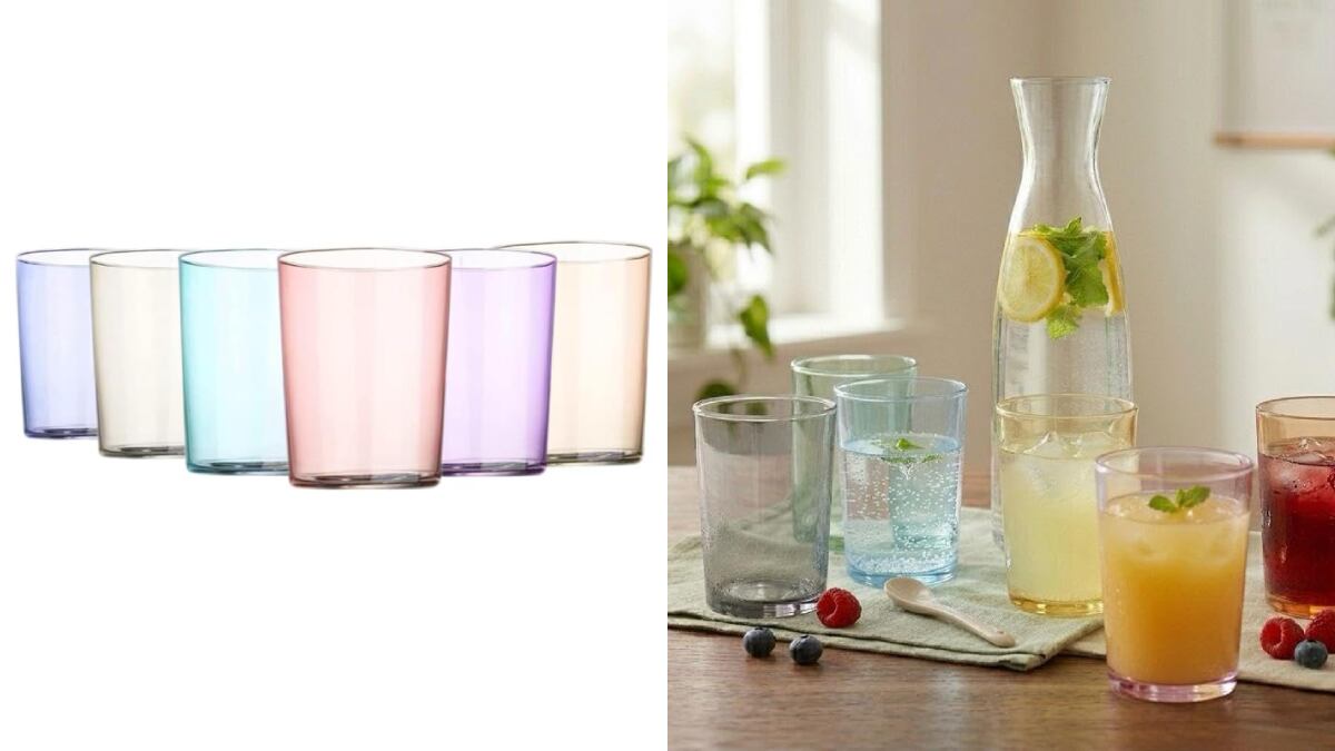 Lote de seis vasos de cristal de colores con diseño ancho.