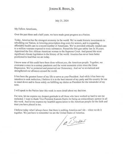La carta de Biden difundida en su cuenta personal de X.