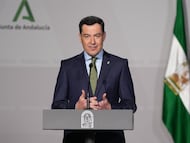 Juan Manuel Moreno, presidente de la Junta de Andalucía, en la comparecencia en marzo en la que anunció el adelanto electoral.