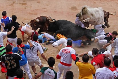 Los toros de la ganadería de Miura han protagonizado el último encierro de los Sanfermines 2016.