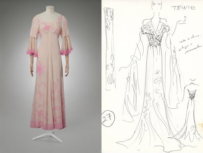 A la dcha., boceto de Karl Lagerfeld para Chloé (primavera-verano 1974). A la izda., vestido en crepé de seda de la misma colección de 1974.