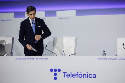 El presidente de Telefonica, José María Álvarez-Pallete, en la  última junta de accionistas de la compañía.