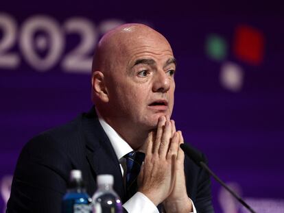 El presidente de la FIFA, Gianni Infantino, durante la conferencia de prensa de este sábado, en Doha.