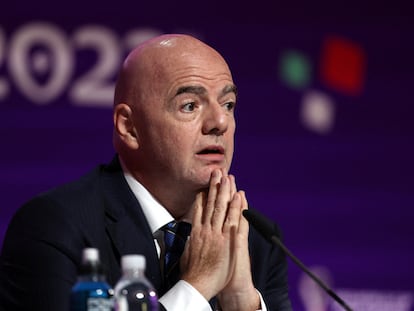 El presidente de la FIFA, Gianni Infantino, durante la conferencia de prensa de este sábado, en Doha.