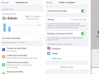 Capturas de pantalla de la 'app' de Apple que monitoriza el tiempo de uso del móvil y bloquea el acceso a las aplicaciones seleccionadas.