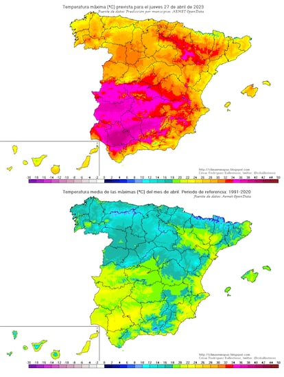 Comparativa entre las máximas previstas para el jueves 27 de abril y el promedio de las máximas del mes de abril. 