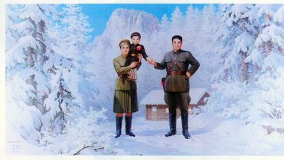 Pintura propagandística del nacimiento de Kim Jong-il, el padre del actual dictador de Corea de Norte, Kim Jong-un