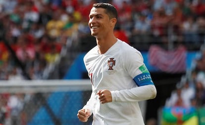 Cristiano celebra su gol a Marruecos, el cuarto de este Mundial.