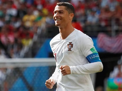 Cristiano celebra su gol a Marruecos, el cuarto de este Mundial.