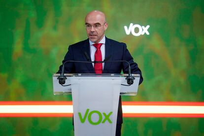 El vicepresidente primero de Acción Política y eurodiputado de Vox, Jorge Buxadé, durante una rueda de prensa el pasado junio.