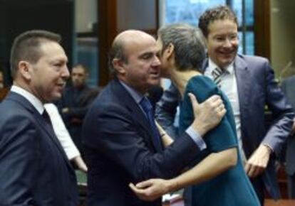 El ministro griego de Finanzas, Yannis Stournaras; su homólogo español, Luis de Guindos; la ministra danesa Margrethe Vestager; y el presidente del Eurogrupo, Jeroen Dijsselbloem, en la reunión del Ecofin del 5 de marzo de 2013.