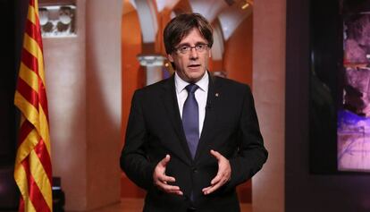 El president Puigdemont, aquest dissabte durant el seu discurs institucional