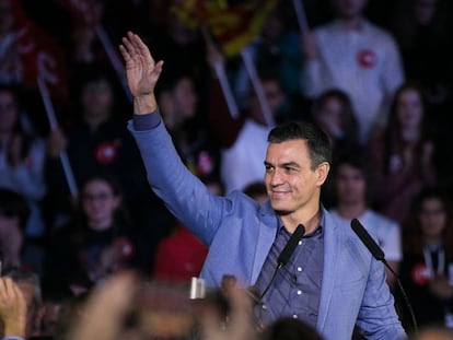 O candidato Pedro Sánchez, durante o último ato de campanha do PSOE, em Barcelona