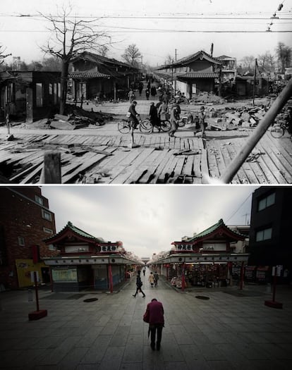 La imagen superior, tomada el 19 de marzo de 1945, muestra a supervivientes del bombardeo del 10 de marzo en la calle comercial Nakamise, destruida después del ataque. En la fotografía inferior, tomada el 7 de marzo de 2015, un hombre reza junto al templo Sensoji, al inicio de la calle comercial Nakamise, en el distrito de Asakusa de Tokio.
