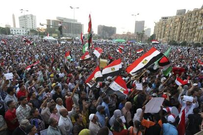 Simpatizantes de los Hermanos Musulmanes en la plaza de Tahrir, en El Cairo.