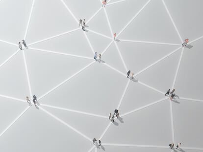 Crowd of people on network connection lines.