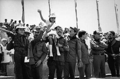 Daniel Ortega flanked by his ministers Tomás Borge, Humberto Ortega, Jaime Wheelock and Bayardo Arce Castaño, on the 10th anniversary of the Sandinista Revolution.