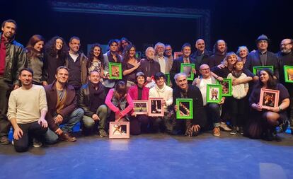 Foto de familia de los galardonados en los Premios Escenarios de Sevilla, este martes.