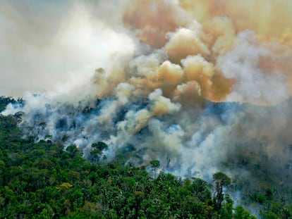 Imagem de 16 de agosto de 2020, mostra a vista aérea de uma área em chamas na reserva da floresta amazônica, ao sul de Novo Progresso no Estado do Pará.