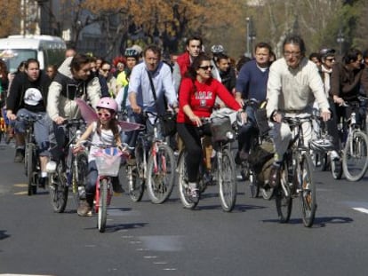 Los ciclistas durante el recorrido realizado esta ma&ntilde;ana por los puentes del Jard&iacute; del T&uacute;ria, en Valencia