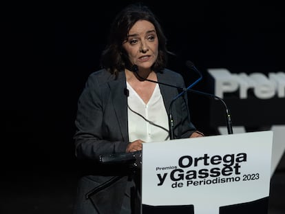 La directora de EL PAÍS, Pepa Bueno, durante su discurso en la entrega de los Premios Ortega y Gasset 2023, celebrada en Valencia.