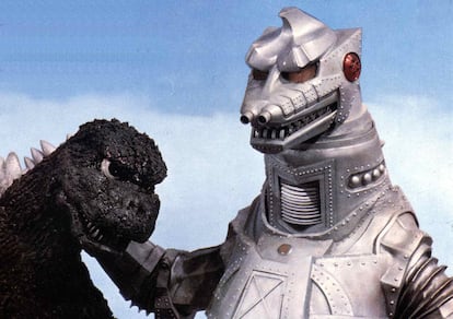 Godzilla with one of his enemies, the robot Mechagodzilla, in a publicity shot from 1973.