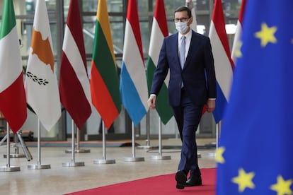 El primer ministro polaco, Mateusz Morawiecki, a su llegada este jueves a la cumbre de la UE en Bruselas.