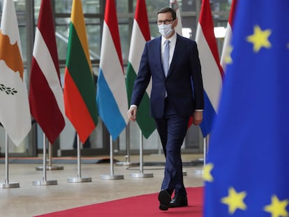 El primer ministro polaco, Mateusz Morawiecki, a su llegada este jueves a la cumbre de la UE en Bruselas.