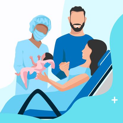 A pregnant woman gives birth to a baby in a maternity hospital. Partner childbirth. Thanks to the doctors and nurses. Vector horizontal illustration on an abstract minimalistic background with copy space for text.