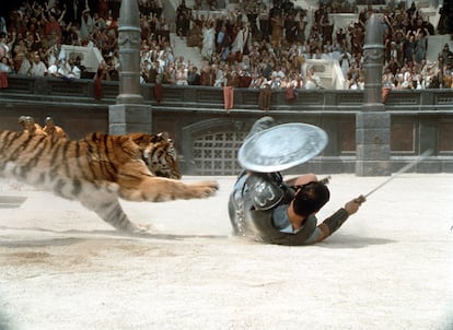 Russell Crowe in a battle against tigers in 'Gladiator.'