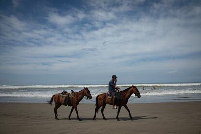 Un hombre trabaja paseando a personas en caballo en la playa Revolcadero.