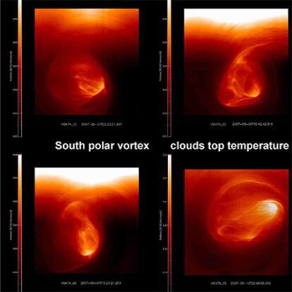 Luz infrarroja obtenidas por el instrumento VIRTIS de Venus Express, desde una altura de 66.000 kilómetros sobre la superficie venusiana.