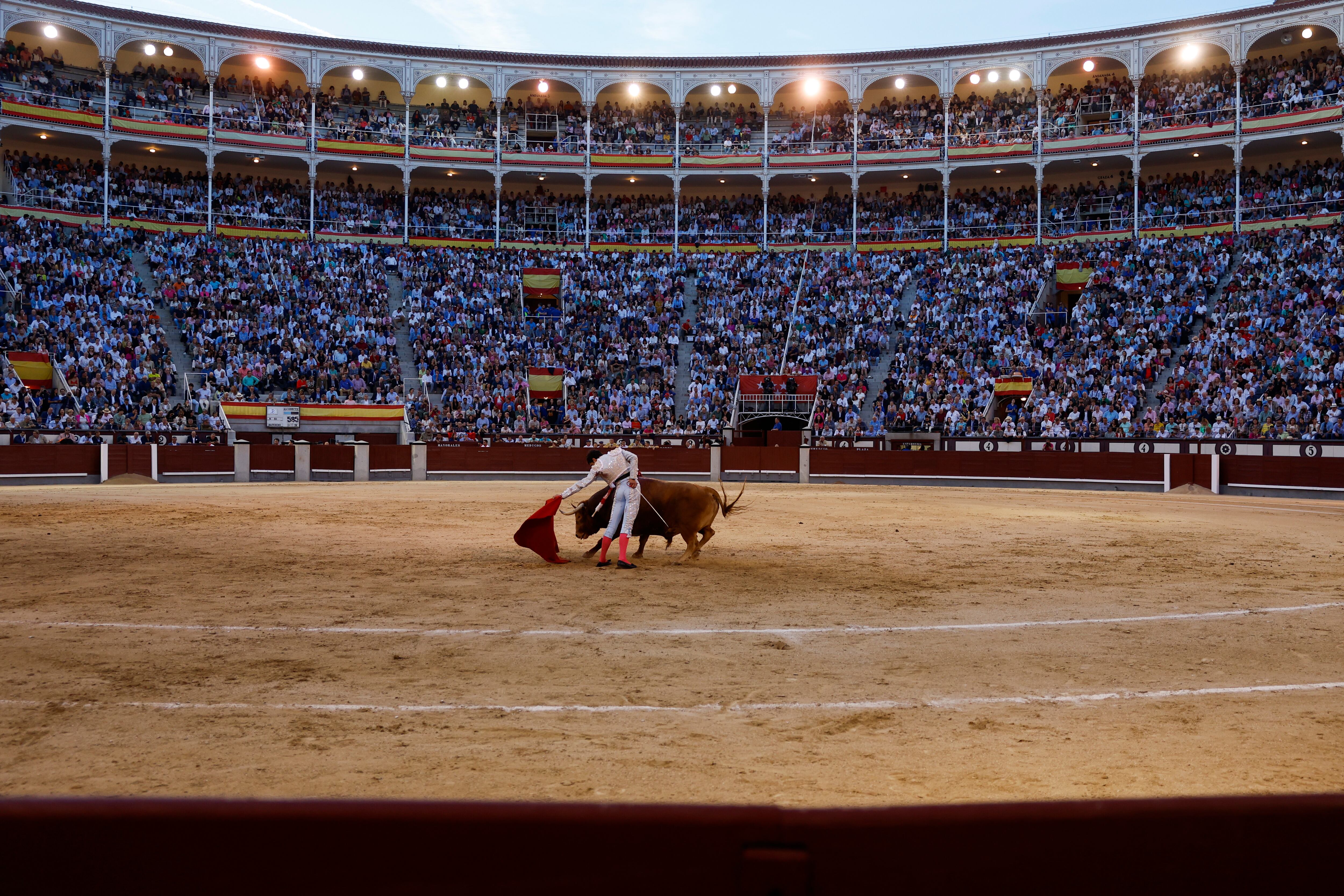 El diestro García Pulido con su segundo toro en el primer festejo de la Feria de San Isidro en 2024. 