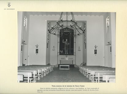 Vista interior de la iglesia de Cinco Casas, Ciudad Real. Imagen proporcionada por el Ministerio de Agricultura, Pesca y Alimentación, Archivo Central Fondo Instituto Nacional de Colonización. XXV Aniversario, Ciudad Real. Signatura: Iglesia de Cinco Casas.