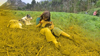 Una niña recoge moras acompañada de su perro en un monte cerca de Ribadesella, Asturias.