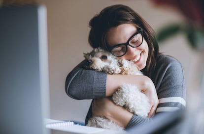 Una mujer abraza a su mascota.