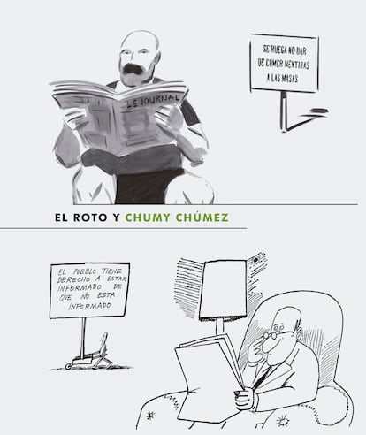 Cartel de la exposición El Roto y Chumy Chúmez sobre la libertad de expresión.
